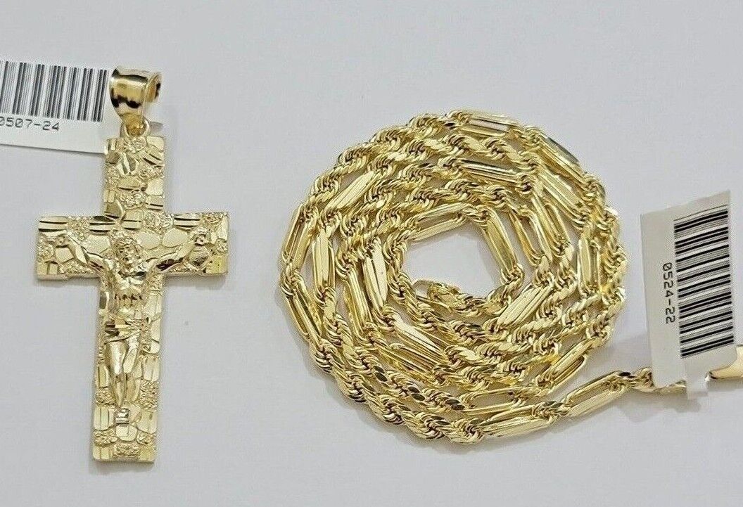 10kt Gold Milano Rope Chain Nugget Cross Charm Pendant Set 18 - 24'' Inch Necklace - GoldenlinQ